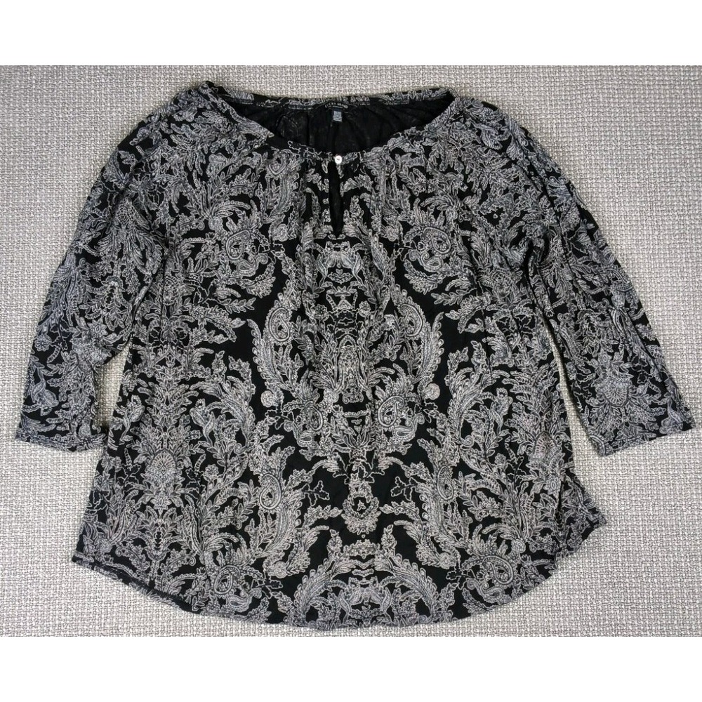 Lucky Brand Paisley Blouse Black White Boho 3/4 Sleeve Keyhole Peasant Top